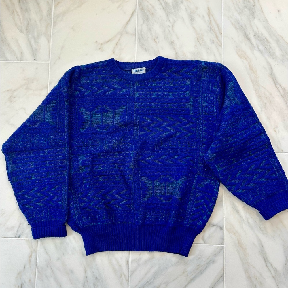 Meister Royal Blue Geometric Crewneck Ski Sweater